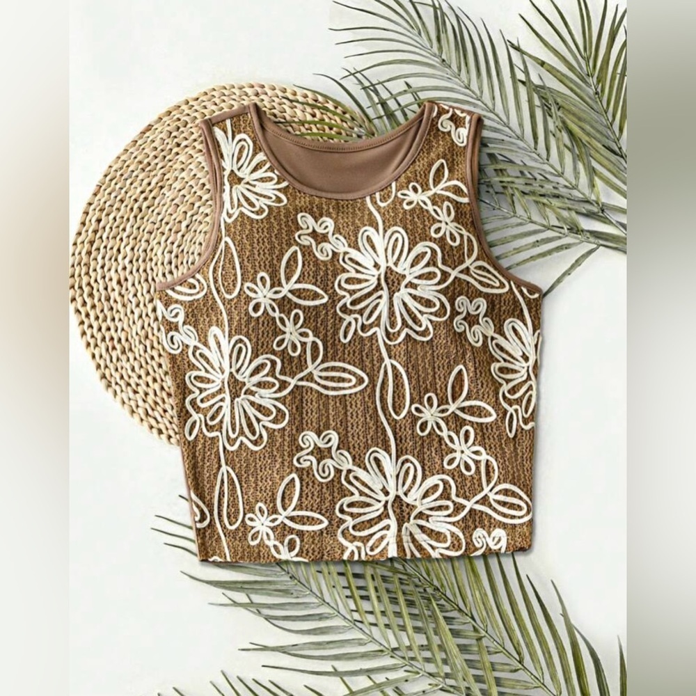 Brown and White Floral Tank Top